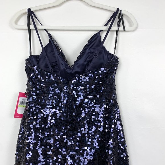 NWT Vince Camuto Sequin Fit & Flare Party V-Neck Mini Cocktail Dress Navy Blue 4 - Picture 11 of 12